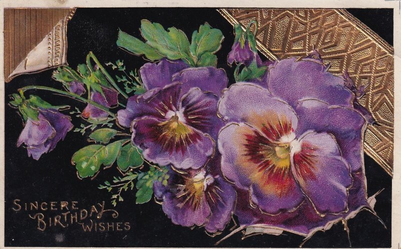 Sincere Birthday Wishes Pansies 1912 Mildred to Centerville KS Postcard B34