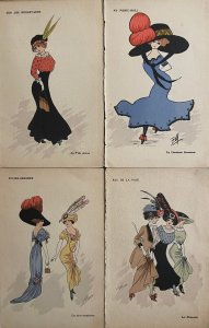 Lot of 4 antique artist drawn parisian women type fashion art nouveau 