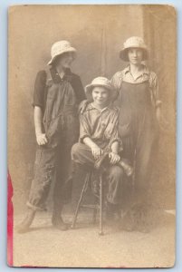 c1910's Girls Overalls With Hat Studio RPPC Photo Unposted Antique Postcard