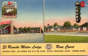 Linen Postcard El Rancho Motor Lodge and Rose Court Rock Springs, Wyoming~136467