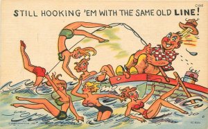 Postcard 1940s fishing sexy woman hook em line comic humor linen Teich 23-11889
