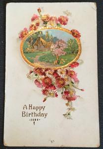 Postcard Used “A Happy Birthday” House/Flowers LB