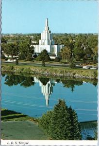 Idaho postcard -LDS Latter-day Saints Temple and reflection, Idaho Falls