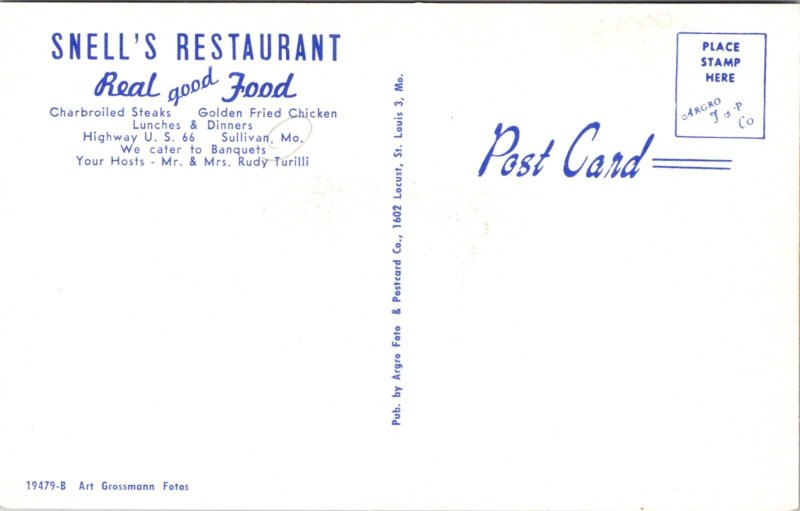Postcard Multiple Views Snell's Restaurant on US Route 66 in Sullivan, Missouri