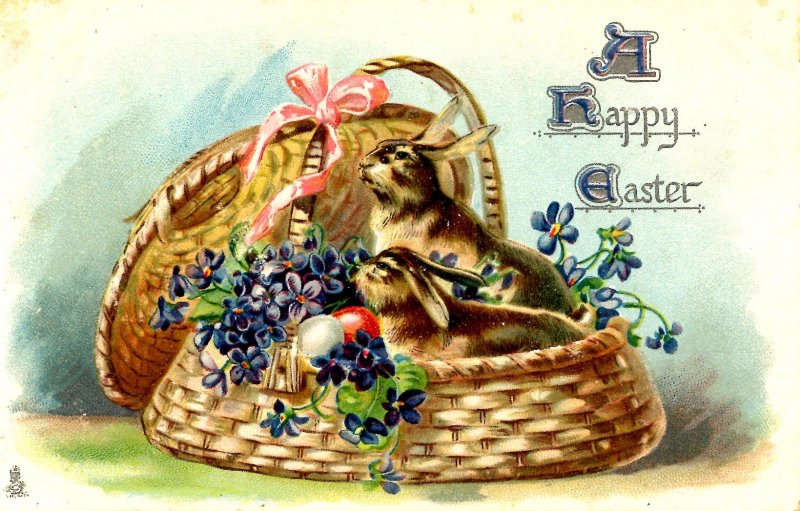 Greeting - Easter. (bunnies in basket, Tuck Series 715)