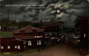 Augusta Maine ME Central Railroad Train Station Depot at Night c1910 Postcard