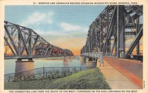TN, Tennessee  MEMPHIS & HARRAHAN BRIDGES~Mississippi River  c1940's Postcard