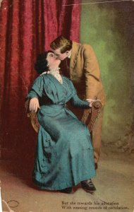 Vintage Postcard 1909 But She Rewards His Adoration Young Man & Woman Kissing