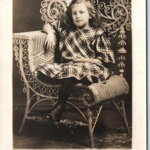 c1910s Little Girl RPPC Wicker Chair Plaid Real Photo PC Genevieve Church A171