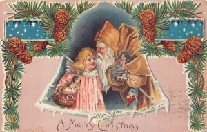 CHRISTMAS HOLIDAY BROWN SUITED SANTA CLAUS ANGEL DOG DOLL EMBOSSED POSTCARD 1908