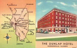 1943 The Dunlap Hotel Compass Direction Jacksonville Illinois IL Posted Postcard