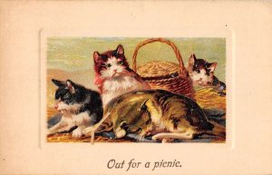 Greetings Out for a Picnic Cats with basket PFB Vintage Postcard AA31168