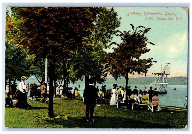 c1910 Bathing Waukesha Beach Lake Pewaukee Wisconsin WI Antique Posted Postcard 