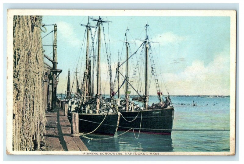 1936 Fishing Schooners Boats Dock Nantucket Massachusetts MA Vintage Postcard 