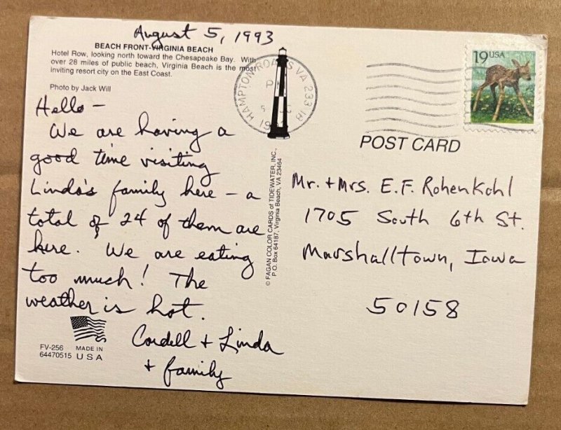 POSTCARD 1993 USED - BEACH FRONT, VIRGINIA BEACH, VIRGINIA