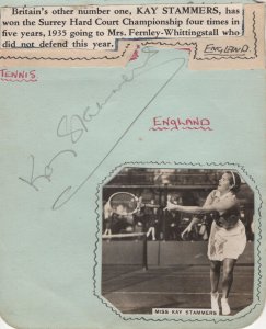 Kay Stammers Wimbledon Tennis Ladies 1935 Hand Signed Autograph