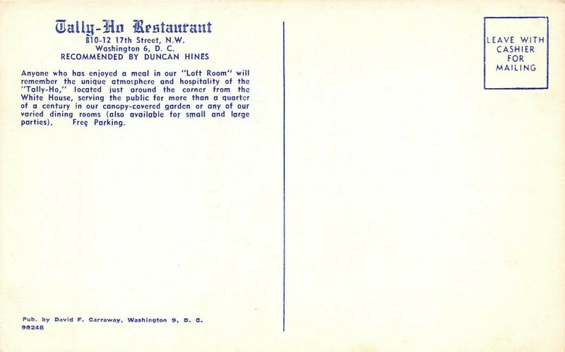 Washington DC 1950-60s Postcard Tally-Ho Restaurant Interior