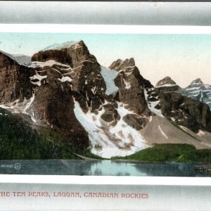 c1911 Laggan AB Canadian Rockies Valley of Ten Peaks Moraine Lake Postcard +Memo