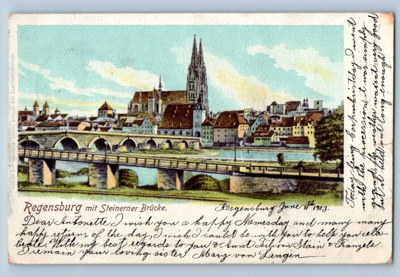 Bavaria Germany Postcard Regensburg With Stone Bridge 1903 Posted Antique
