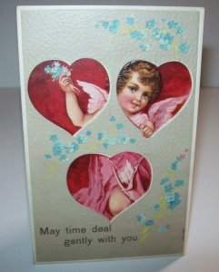 Valentines Day Postcard Cherub Looks Through 3 Hearts Series 699 Vintage German