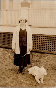 RPPC Pretty Lady with White Dog c1920s Postcard F22