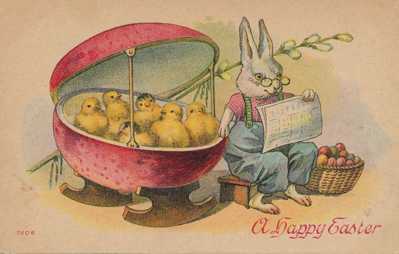 Easter Greetings - Gentleman Dressed Rabbit Rocking Egg Cradle of Chicks - DB