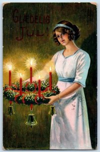 Christmas Pretty Woman With Wreath Mistletoe Candle Lights Antique Postcard