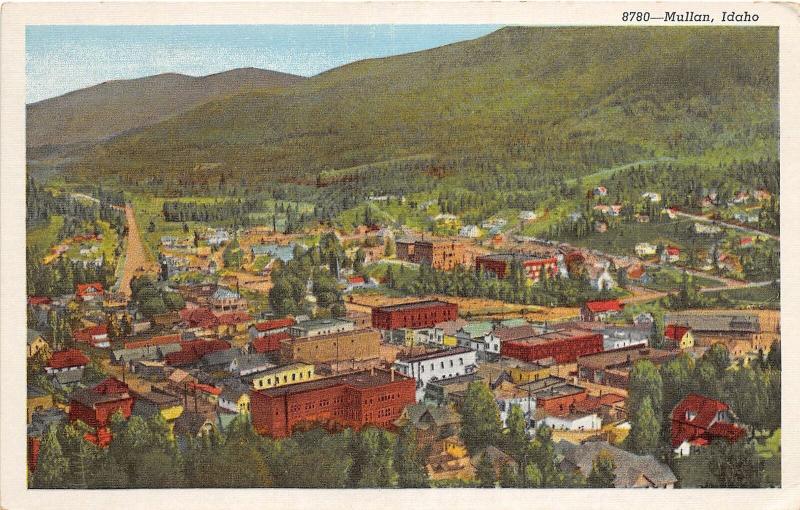 F7/ Mullan Idaho Postcard Linen Birdseye View Homes Stores