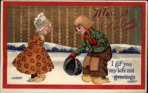 Christmas Dutch Children Boy & Girl Gilt Embossed#7153 c1910 Postcard #2