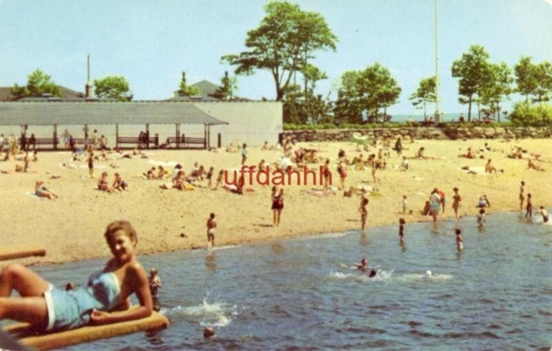 PICNIC GROVE AND BEACH AT ISLAND BEACH, GREENWICH, CT. woman on diving board