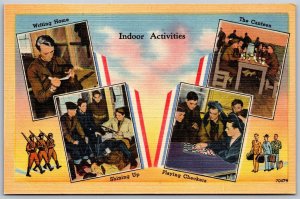 Vtg Military Army Soldiers Indoor Activities 1940s WWII Era Linen Postcard