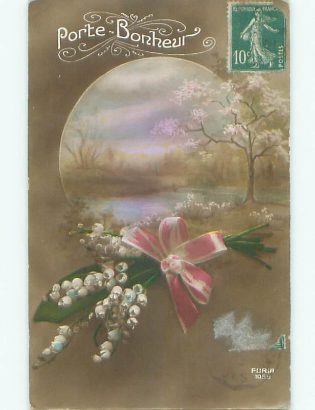 circa 1910 tinted rppc LILY OF THE VALLEY FLOWERS WITH PINK RIBBON o2704