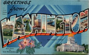 Postcard WA Greetings from Washington Large Letter LINEN Multiview 1948 S68