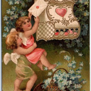 1908 Embossed Valentine Day Cute Cherub Lilac Mail Mailbox Postal Postcard A184