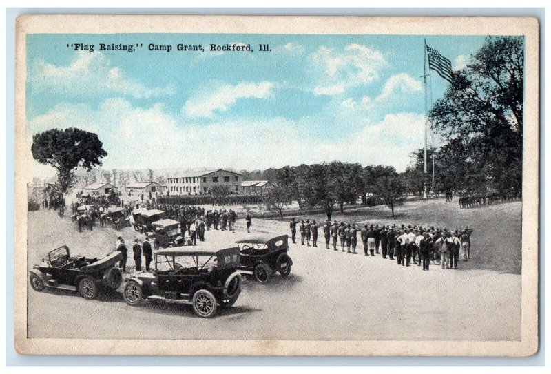 c1910 Flag Raising Soldiers Army Camp Grant Rockford Illinois Vintage Postcard