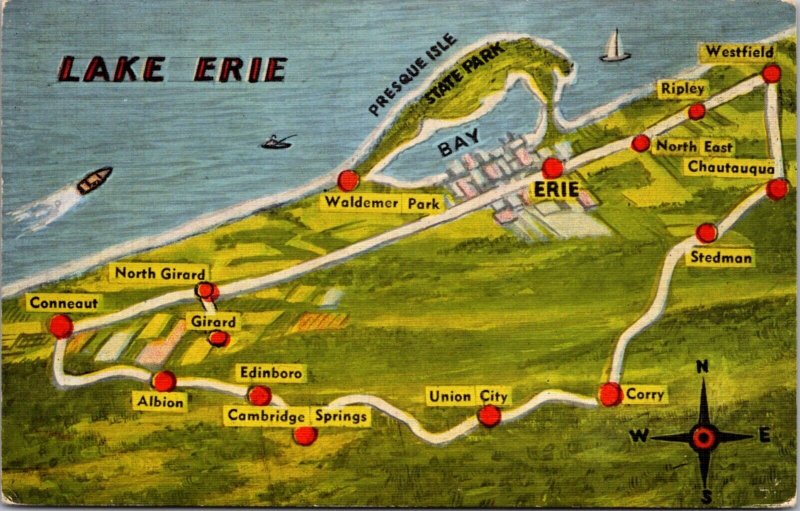 Linen Postcard Route Road Map of Lake Erie Presque Isle State Park Ohio