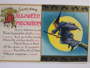 Halloween Postcard Precauctions Witch Broom Black Cats Moon Series 142 Original 