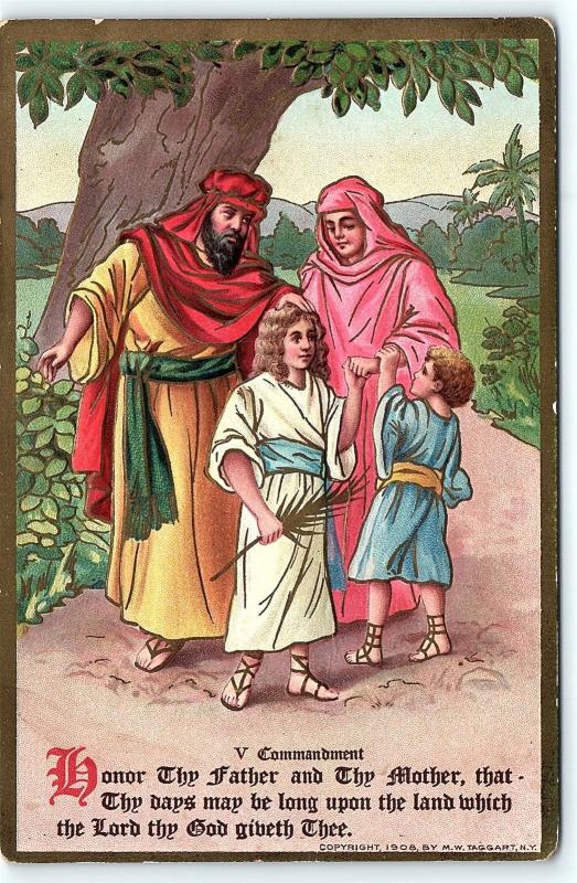 Postcard Religion 10 Commandments #5 Thou Shall Honor Thy Mother & Father C13