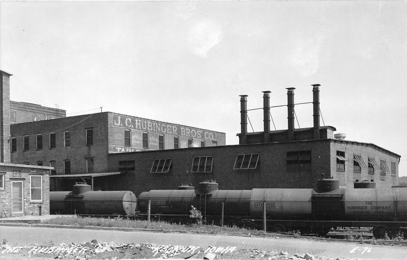 Keokuk Iowa~J C Hubinger Bros Co~Factory~Train Cars in Front~1940s RPPC