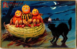 Tucks Pumpkin JOL Veggie Men, Scary Black Cat  & Moon Vintage Halloween Postcard