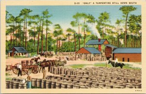 Turpentine Still Down South USA Horses Wagon Barrels Unused Linen Postcard H4