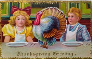 Thanksgiving Postcard Victorian Children Turkey Embossed 1909 Vintage TRIMMED