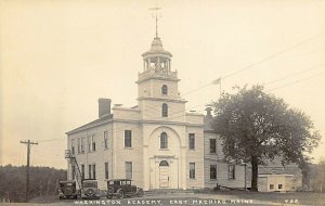 East Machias ME Street View Washington Academy Old Cars Real Photo Postcard.