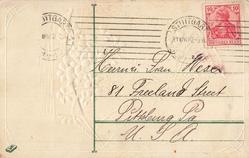 Vintage German New Year Postcard Embossed Floral Sailboat 1912