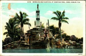 Mermaids Divers Venetian Pool Coral Gables FL UNP WB Postcard Smudge Cancel C8