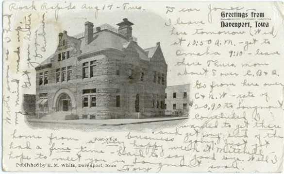 UND/B Post Office, Greetings from Davenport Iowa 1906