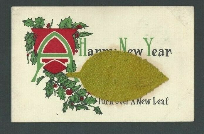 Ca 1912  New Years Greeting W/Note Under Leaf Multicolored Embossed
