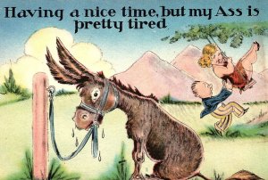 1930s COMEDIC HAVING A NICE TIME BUT MY ASS IS PRETTY TIRED POSTCARD 46-217