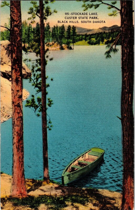 Stockade Lake Custer State Park Black Hills South Dakota Canoe Postcard Vintage 