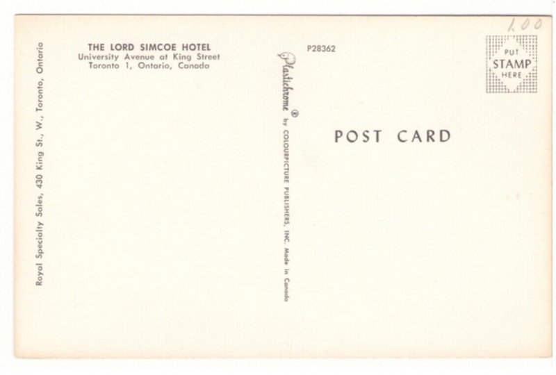 Lord Simcoe Hotel, University & King, Toronto Ontario, Vintage Chrome Postcard#1